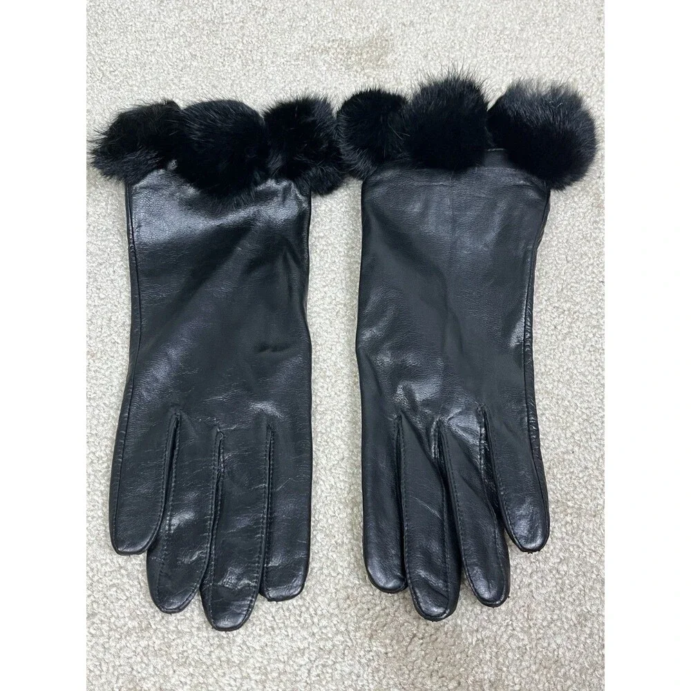 VTG Fownes Sz 8 Black Leather Gloves Unique 5 Fur Pom Cuffs WPL 9522 Luxury